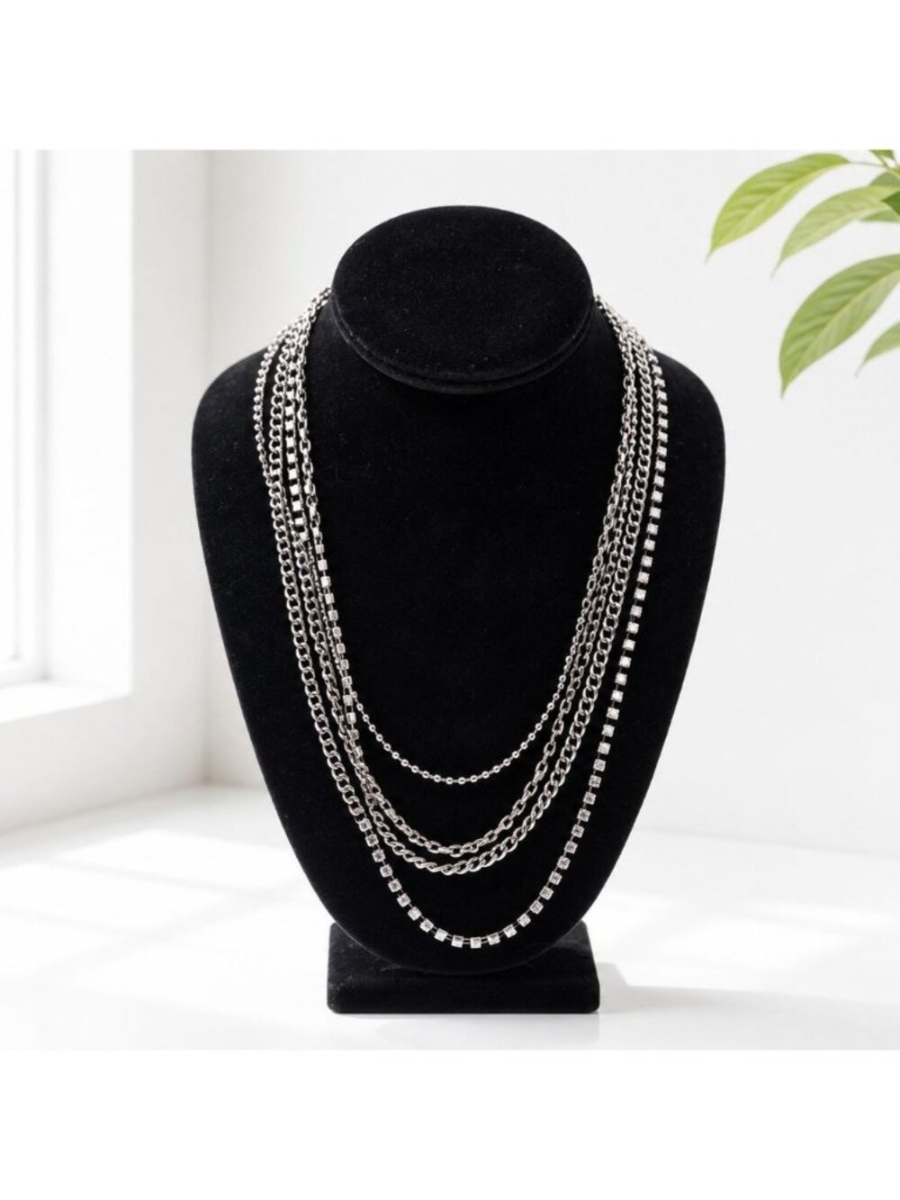 Layered Silver-Tone Multi-Strand Necklace With Mixed Chain Styles & Lobster Clas